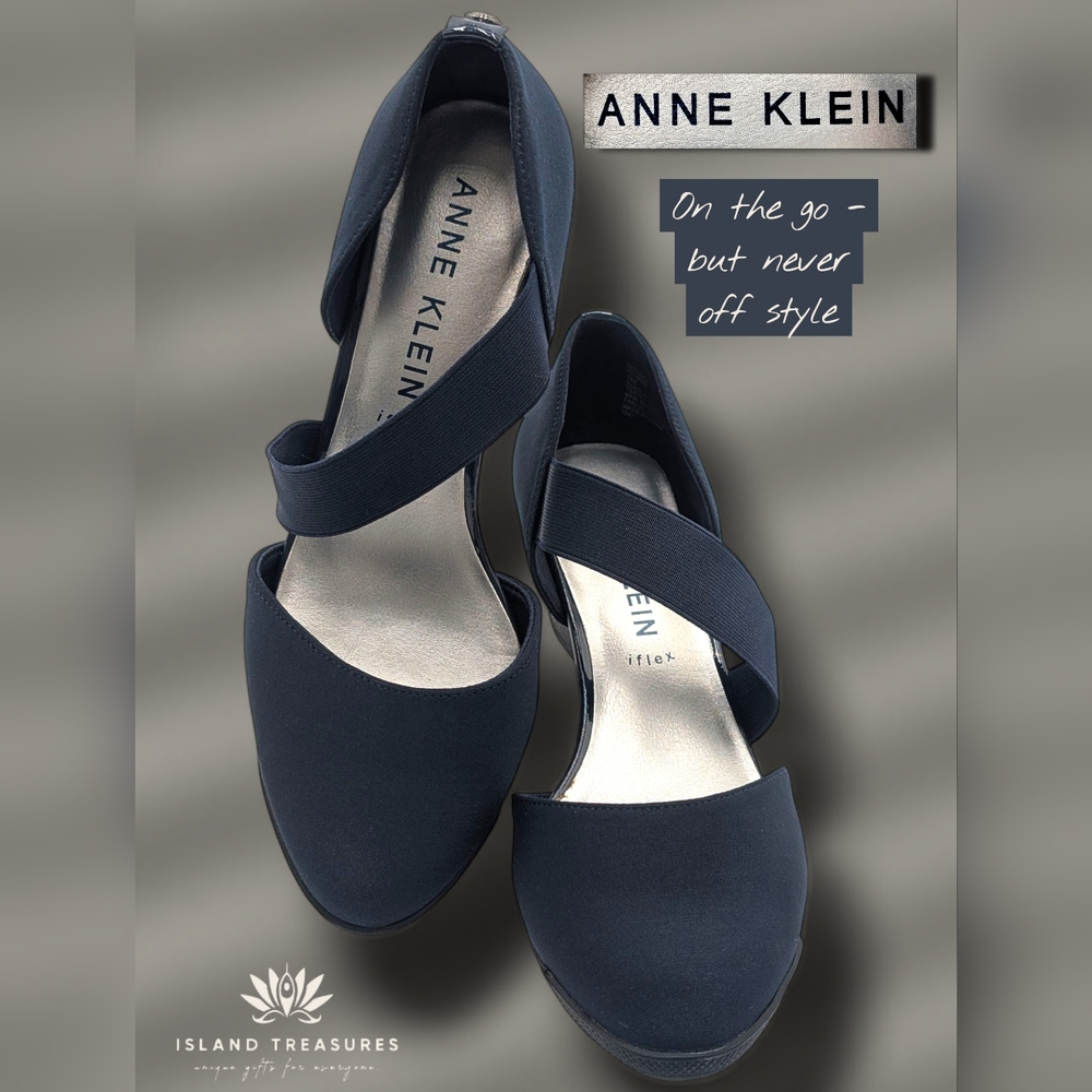 Anne Klein AKTARA2 Size 7M Navy Blue Women Wedge Shoe Silver Details iflex Soles